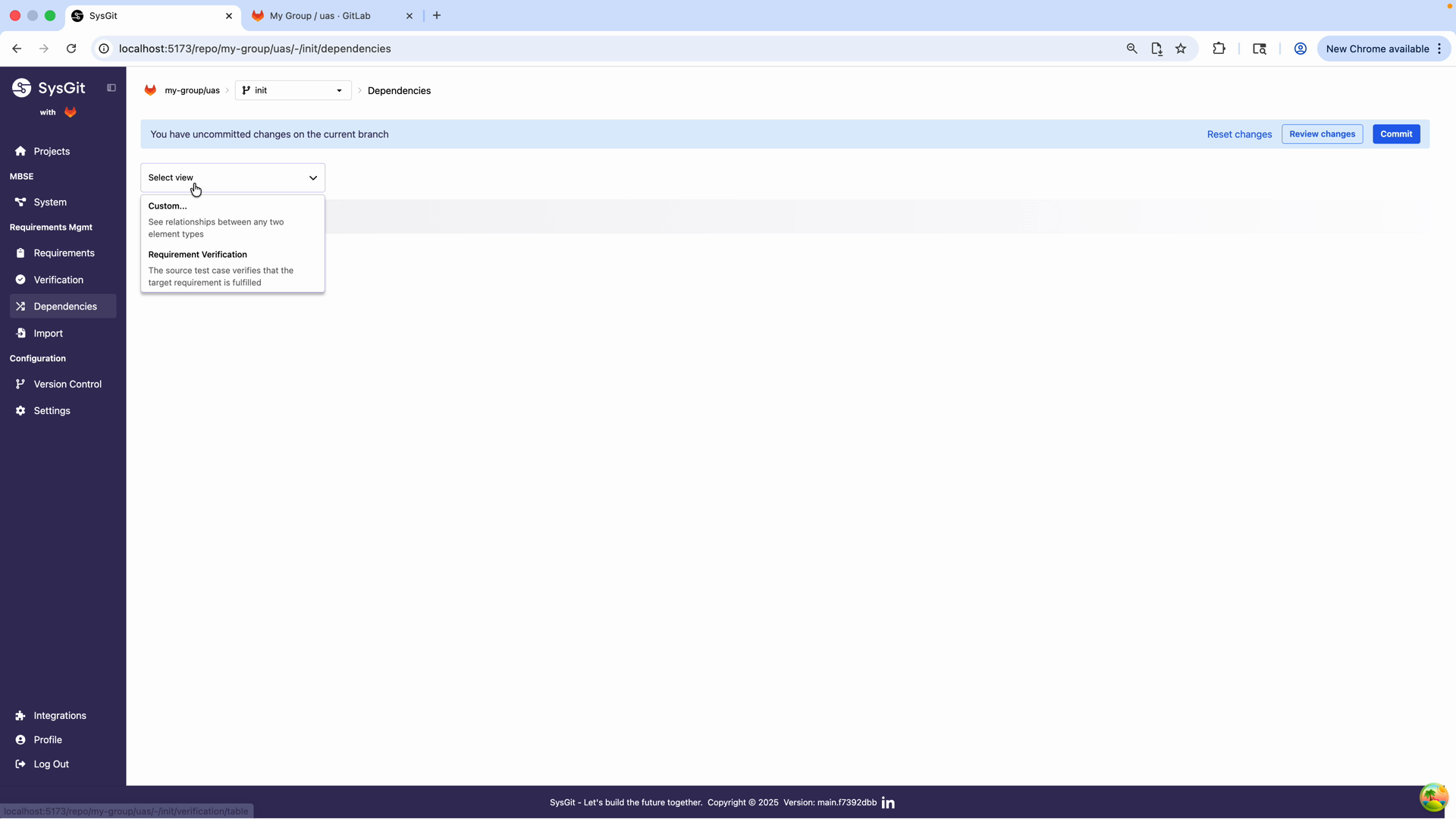 Dependencies view showing allocation relationships